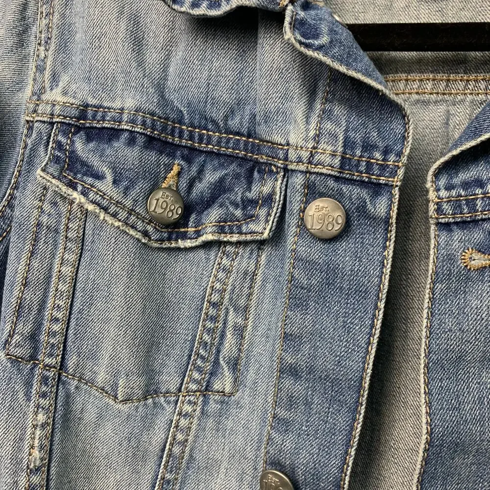 The Children's Place Girls Sz Large 10/12 Denim Jean Jacket Buttons Moto Casual